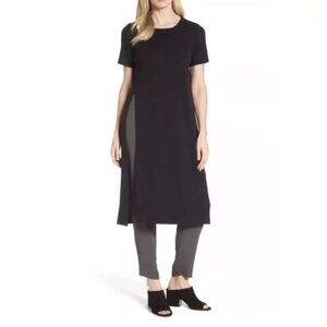 Eileen Fisher Black High Slit Midi Dress Tunic M Italian Yarn Wool Minimalist La